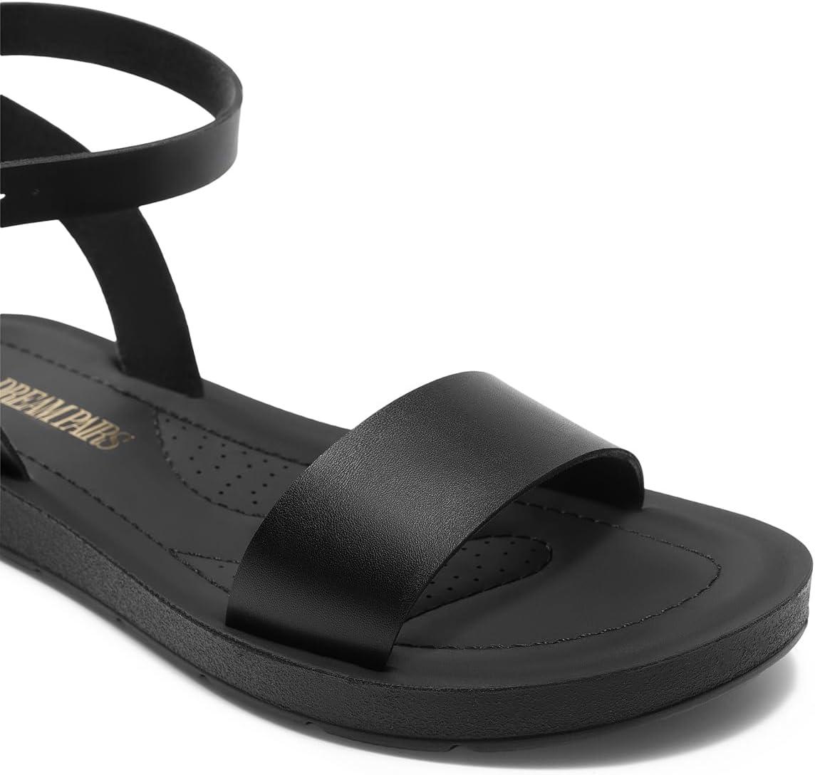 imageDREAM PAIRS Womens One Band Ankle Strap Buckle Flat SandalsAll Blackpu