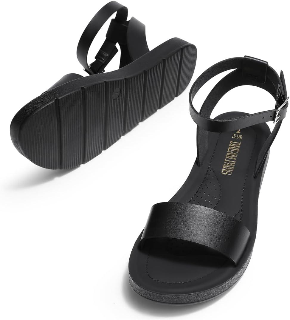 imageDREAM PAIRS Womens One Band Ankle Strap Buckle Flat SandalsAll Blackpu