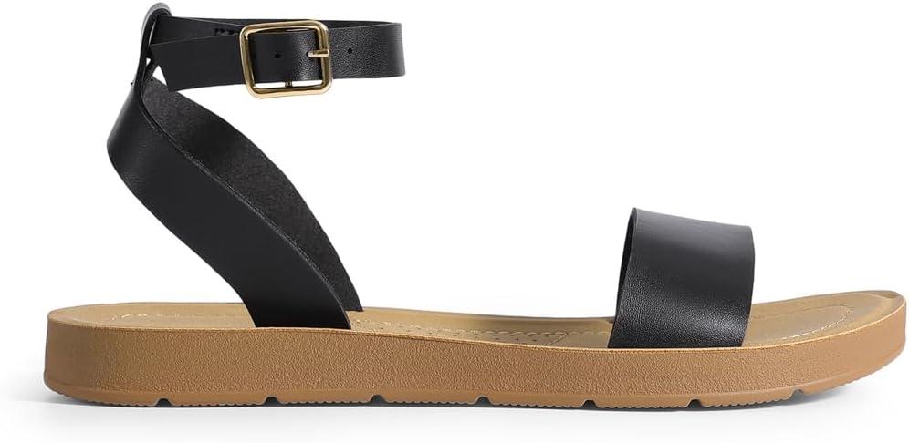 imageDREAM PAIRS Womens One Band Ankle Strap Buckle Flat SandalsBlackPu
