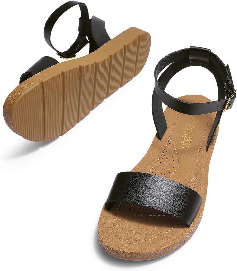 imageDREAM PAIRS Womens One Band Ankle Strap Buckle Flat SandalsBlackPu