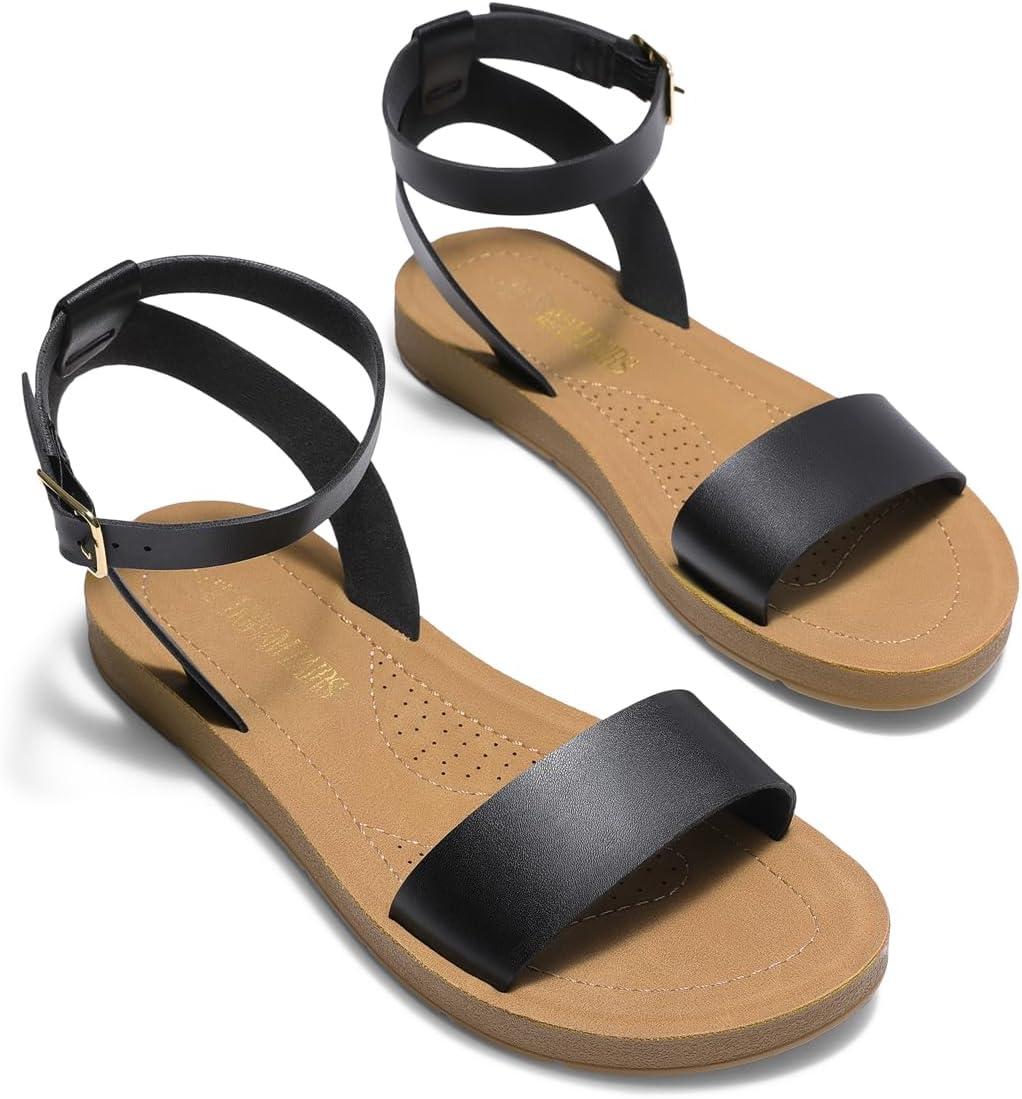 imageDREAM PAIRS Womens One Band Ankle Strap Buckle Flat SandalsBlackPu