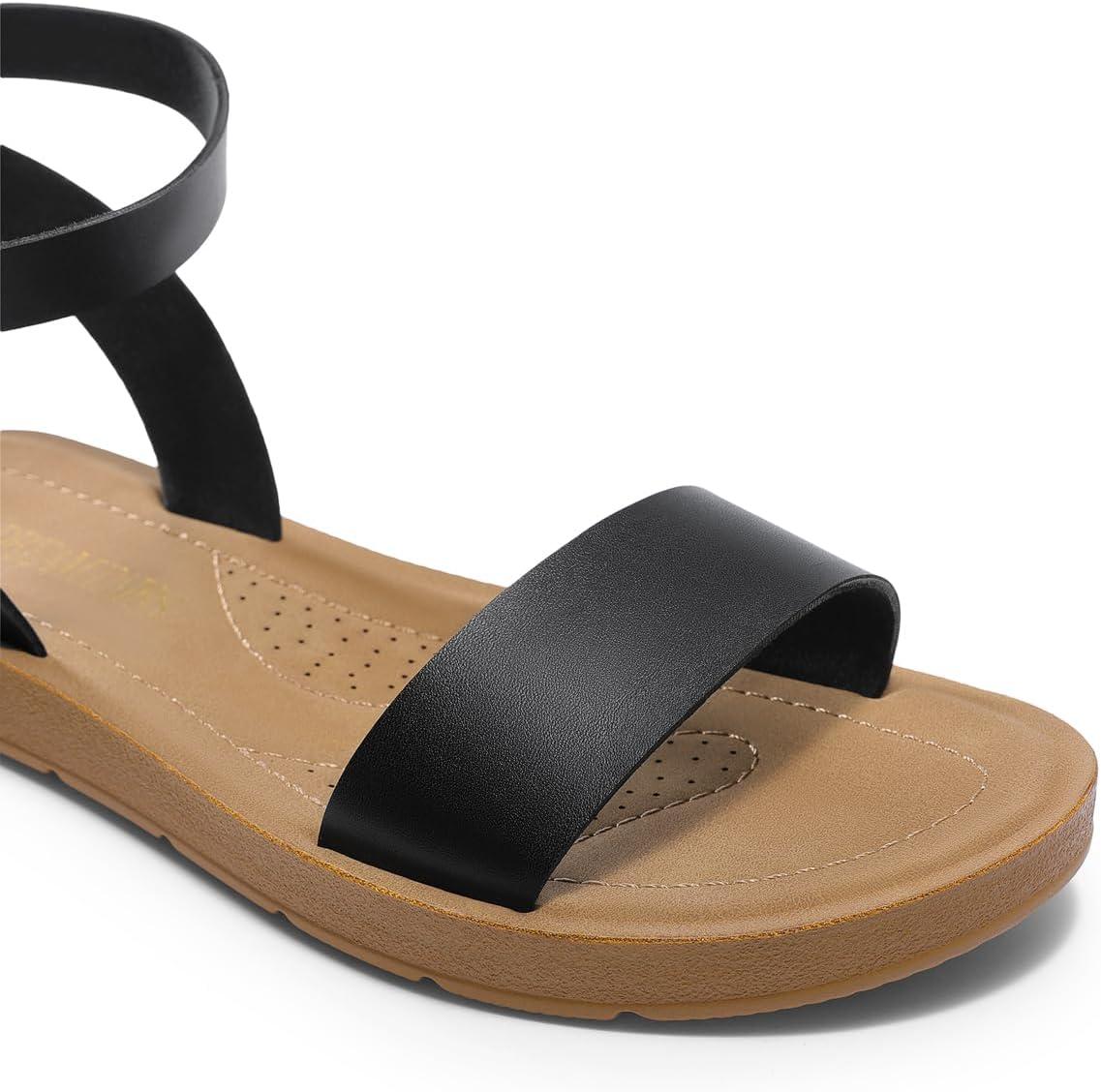 imageDREAM PAIRS Womens One Band Ankle Strap Buckle Flat SandalsBlackPu