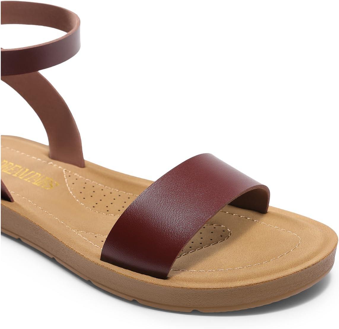 imageDREAM PAIRS Womens One Band Ankle Strap Buckle Flat SandalsDark Brownpu