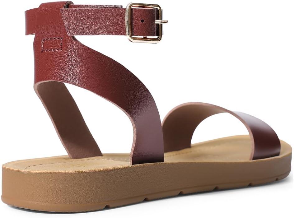 imageDREAM PAIRS Womens One Band Ankle Strap Buckle Flat SandalsDark Brownpu