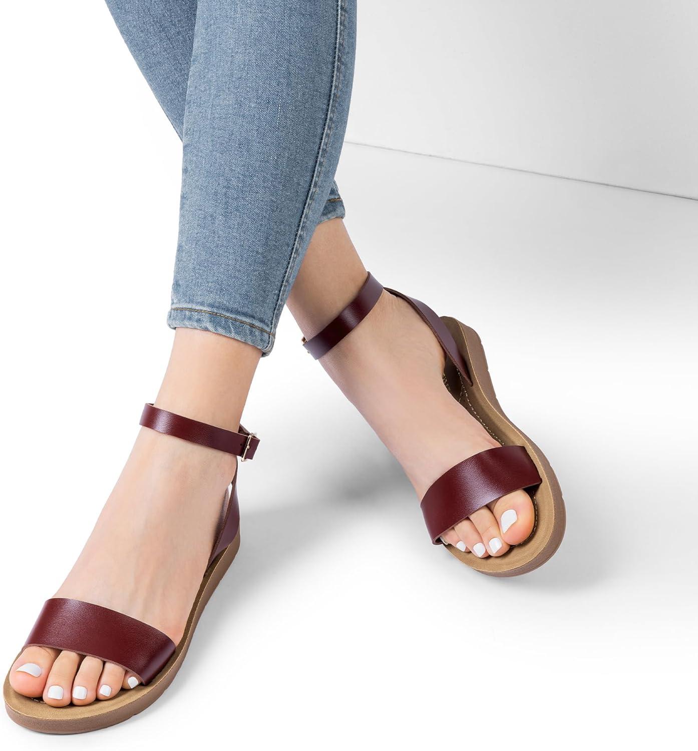 imageDREAM PAIRS Womens One Band Ankle Strap Buckle Flat SandalsDark Brownpu