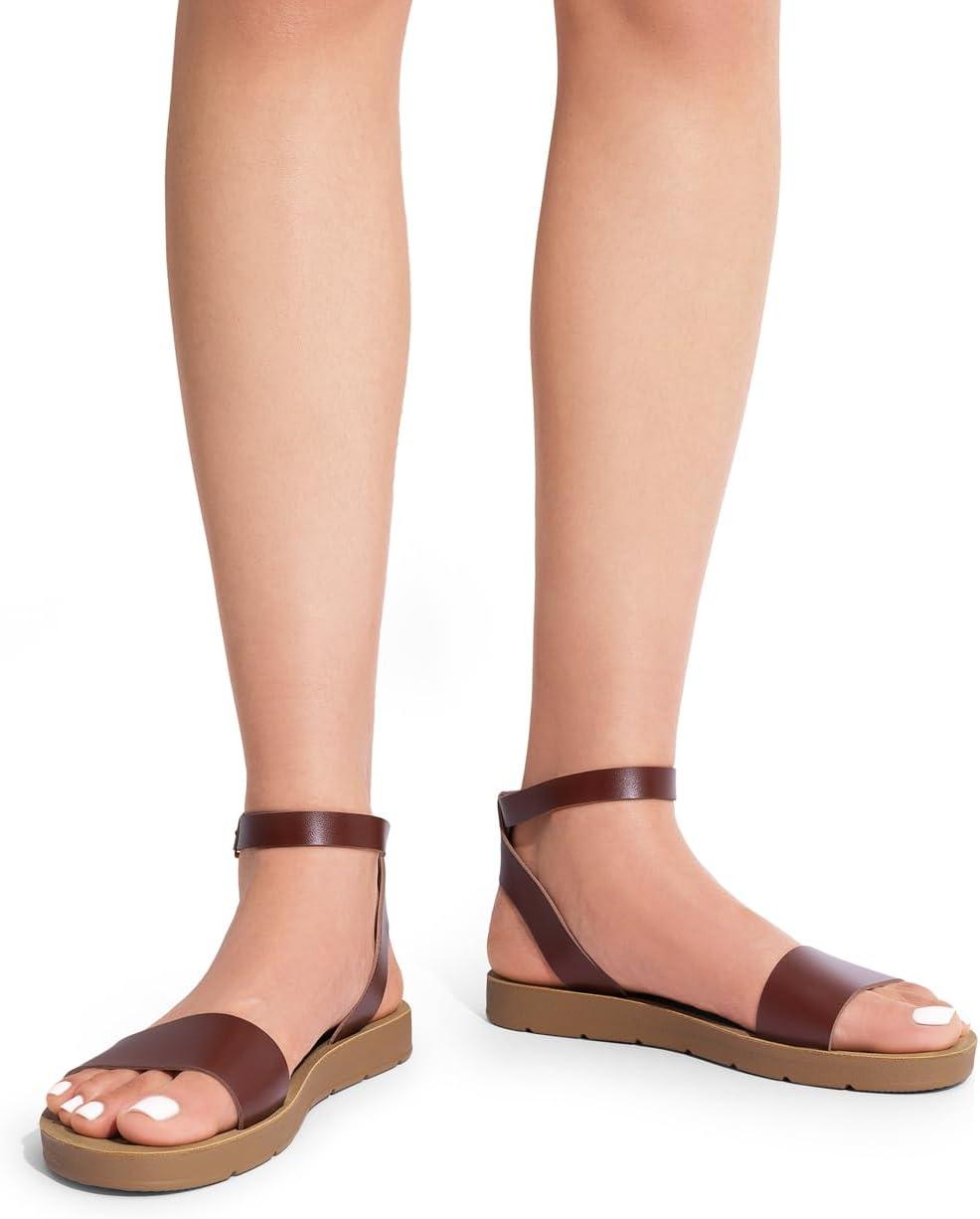 imageDREAM PAIRS Womens One Band Ankle Strap Buckle Flat SandalsDark Brownpu