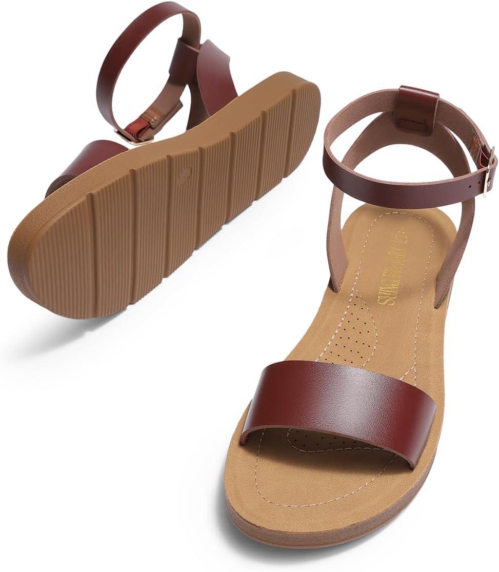 imageDREAM PAIRS Womens One Band Ankle Strap Buckle Flat SandalsDark Brownpu