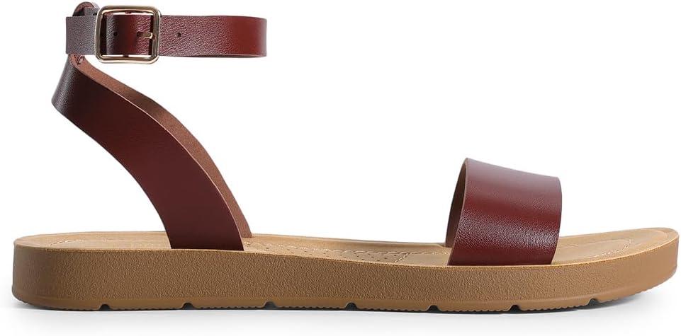 imageDREAM PAIRS Womens One Band Ankle Strap Buckle Flat SandalsDark Brownpu