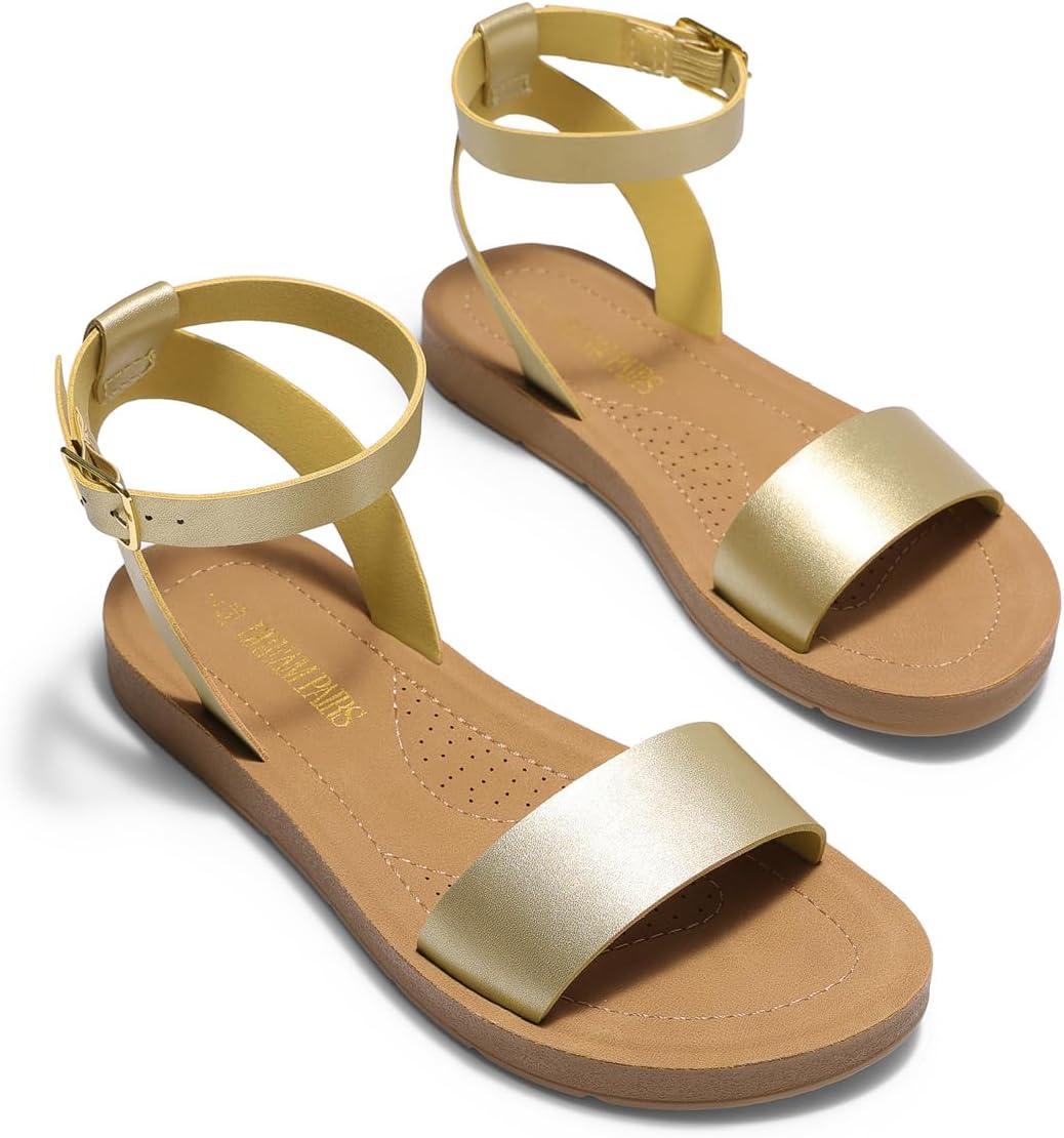imageDREAM PAIRS Womens One Band Ankle Strap Buckle Flat SandalsGoldPu