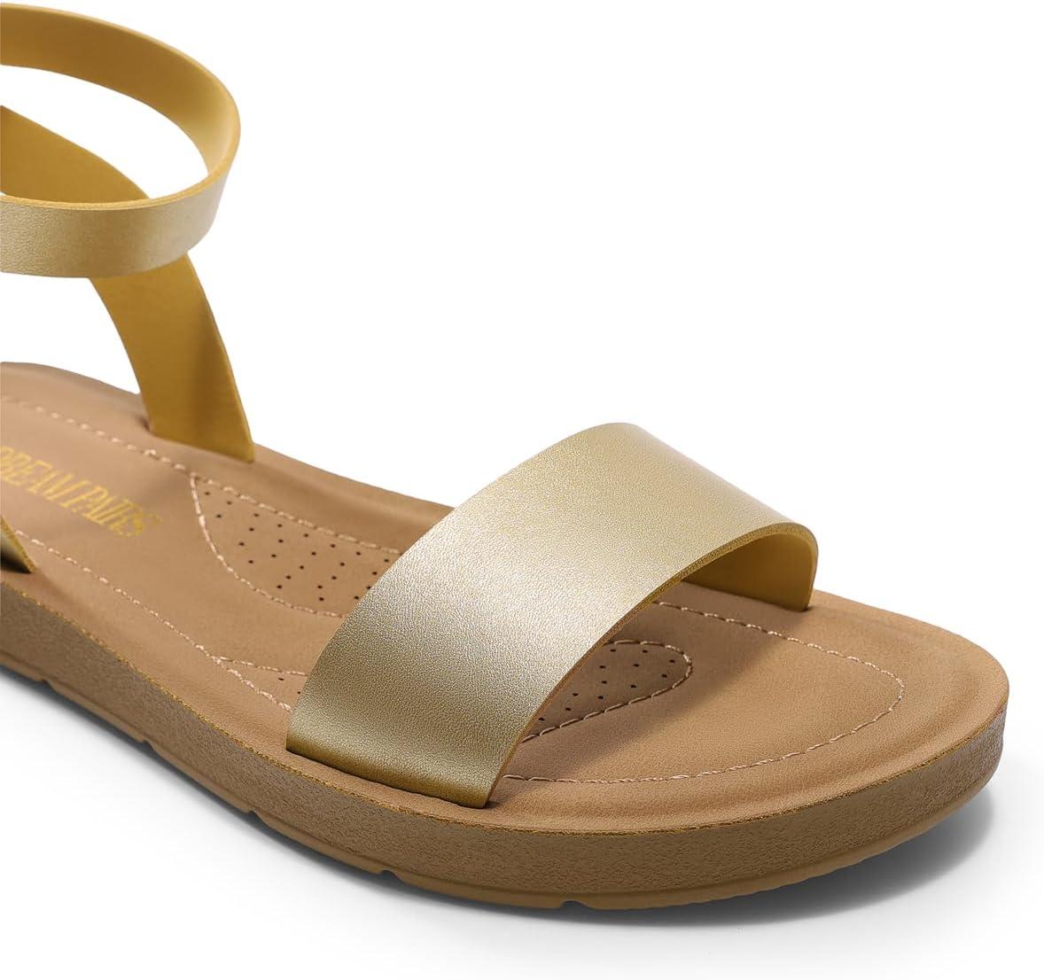 imageDREAM PAIRS Womens One Band Ankle Strap Buckle Flat SandalsGoldPu