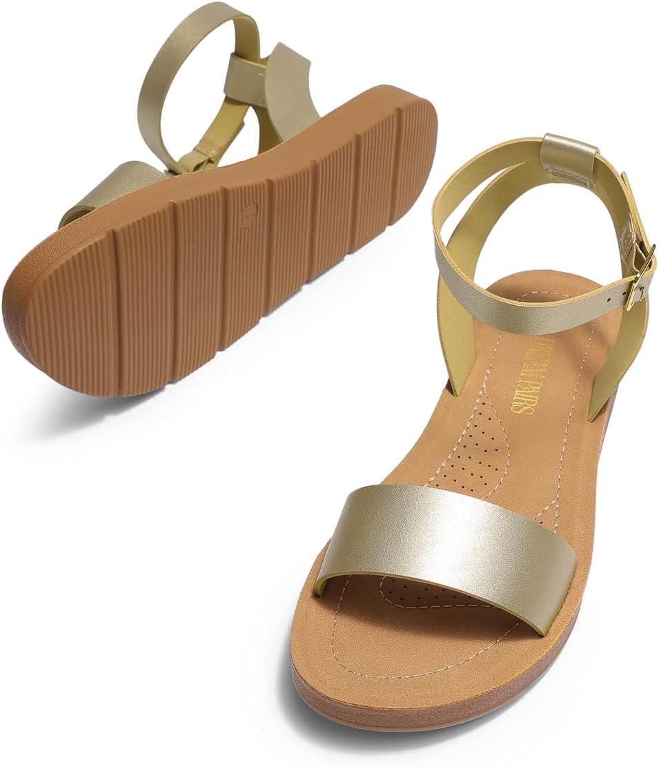 imageDREAM PAIRS Womens One Band Ankle Strap Buckle Flat SandalsGoldPu