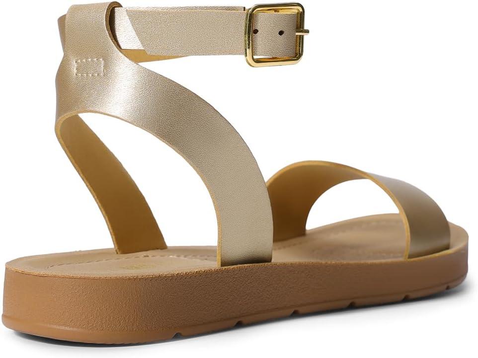 imageDREAM PAIRS Womens One Band Ankle Strap Buckle Flat SandalsGoldPu