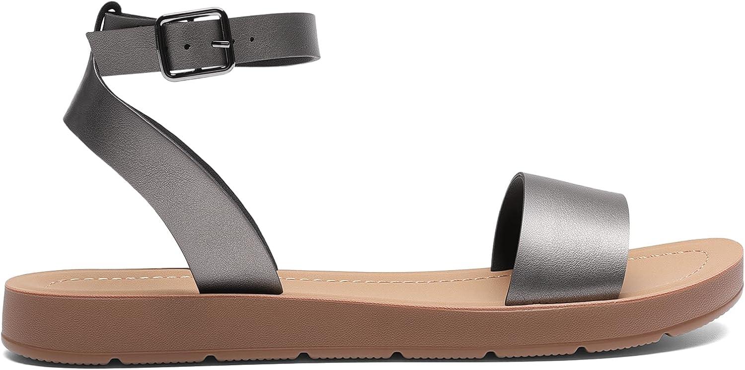 imageDREAM PAIRS Womens One Band Ankle Strap Buckle Flat SandalsPewterPu