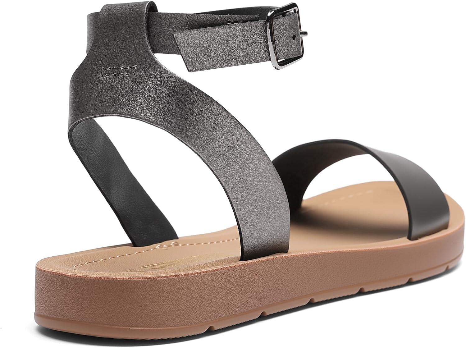 imageDREAM PAIRS Womens One Band Ankle Strap Buckle Flat SandalsPewterPu