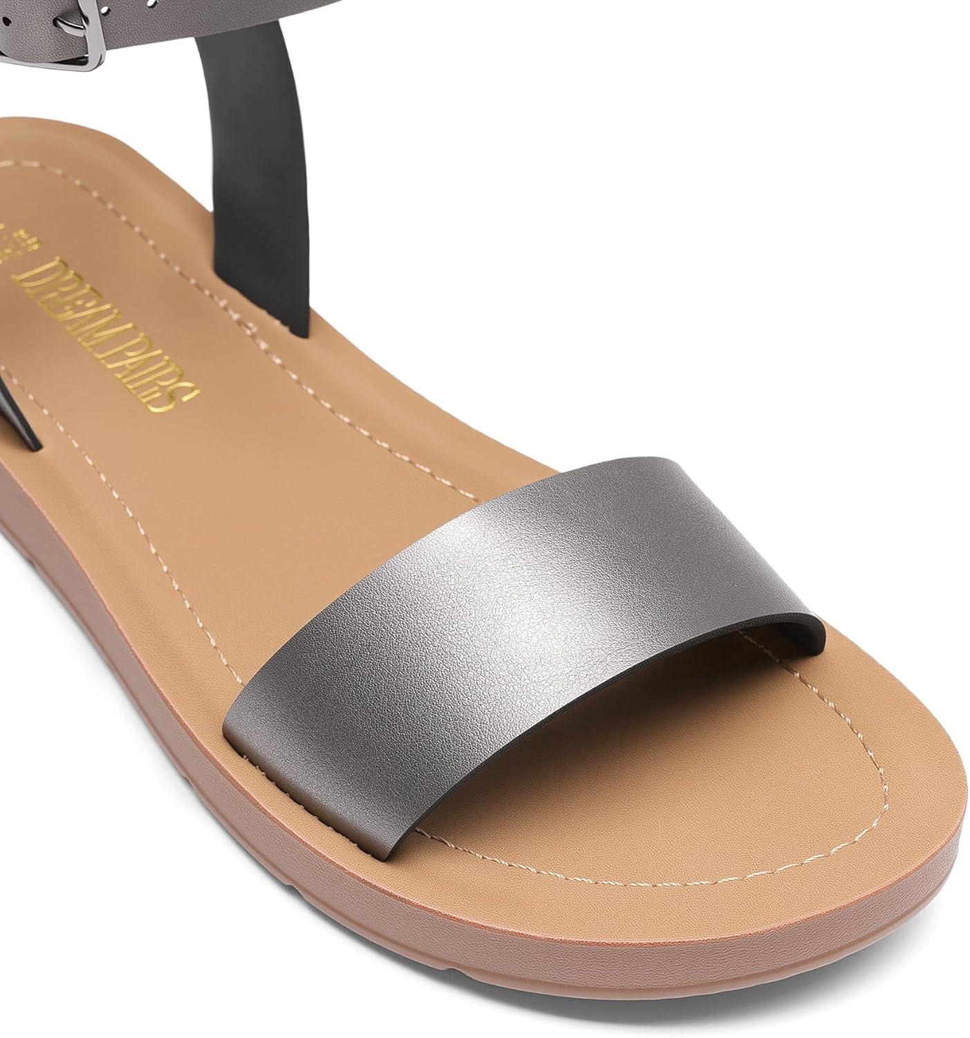 imageDREAM PAIRS Womens One Band Ankle Strap Buckle Flat SandalsPewterPu
