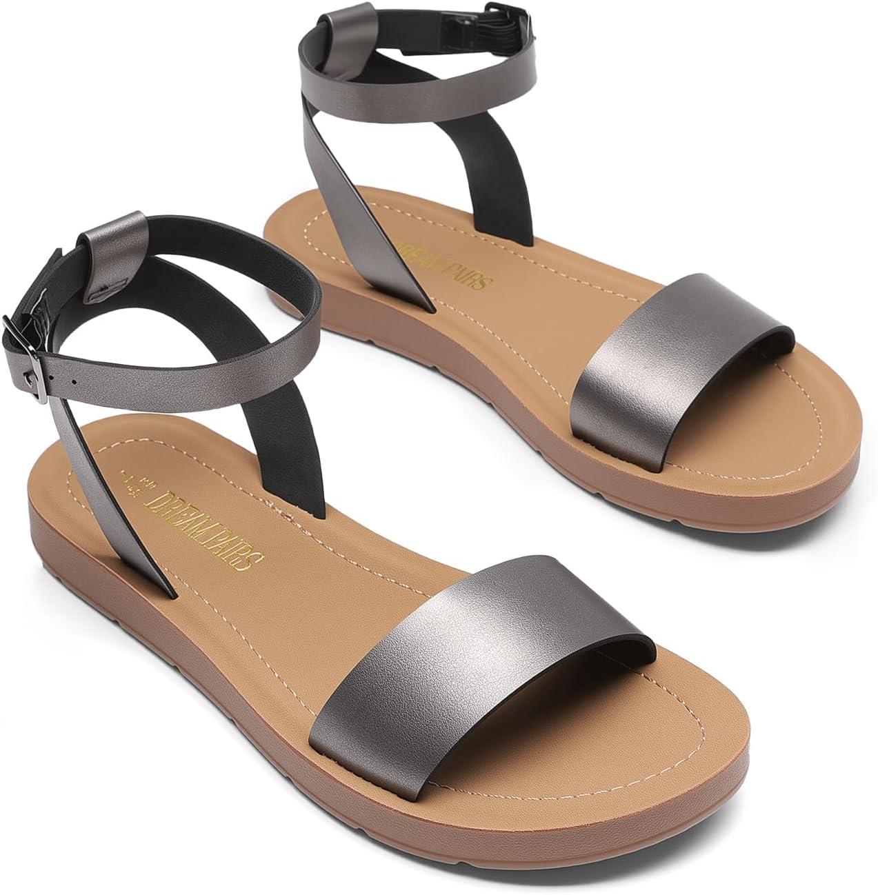 imageDREAM PAIRS Womens One Band Ankle Strap Buckle Flat SandalsPewterPu