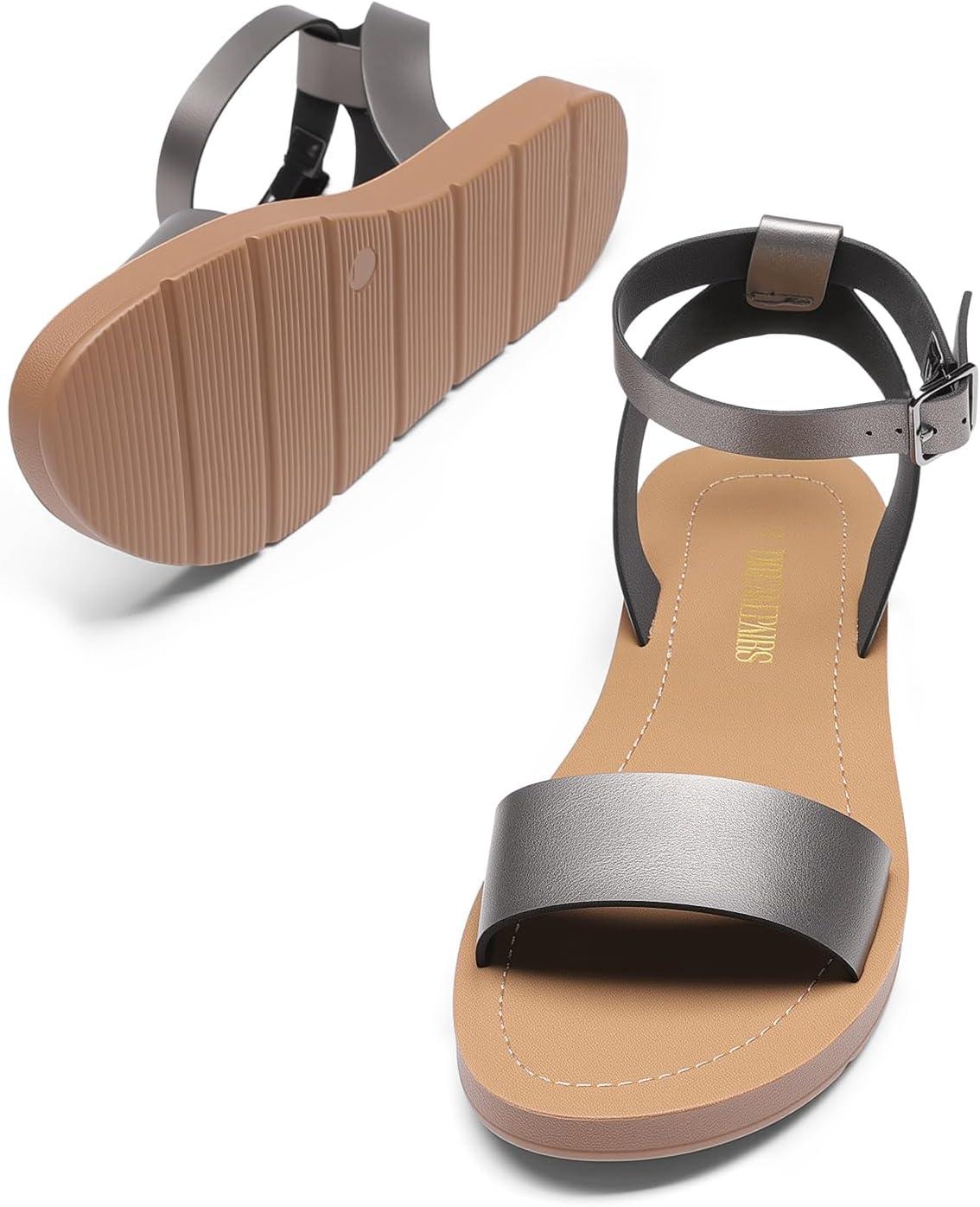 imageDREAM PAIRS Womens One Band Ankle Strap Buckle Flat SandalsPewterPu