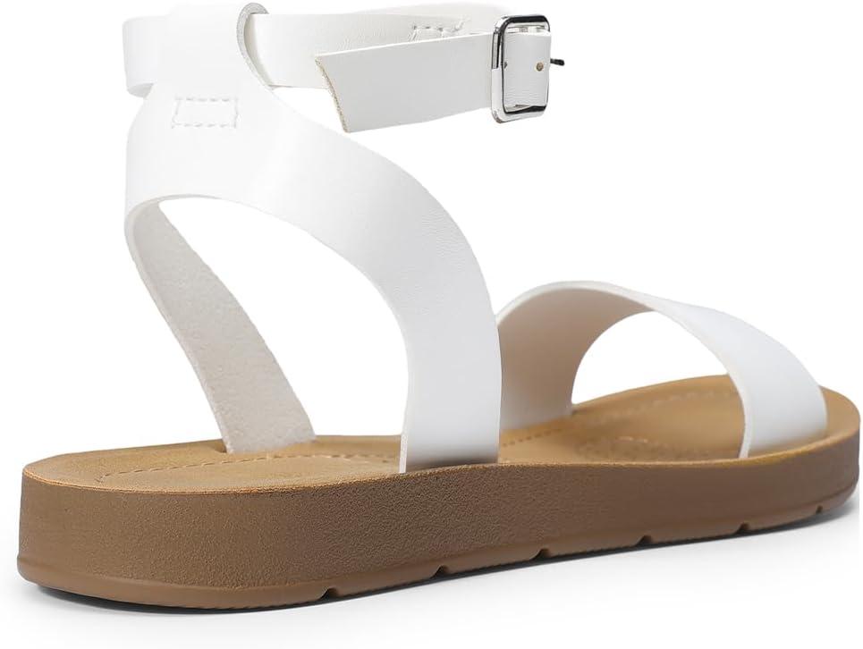 imageDREAM PAIRS Womens One Band Ankle Strap Buckle Flat SandalsWhitePu