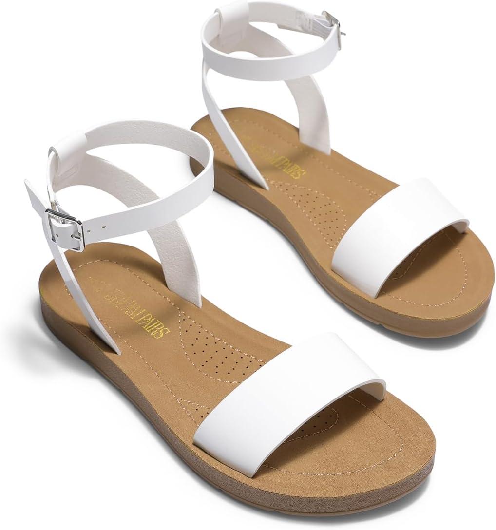 imageDREAM PAIRS Womens One Band Ankle Strap Buckle Flat SandalsWhitePu