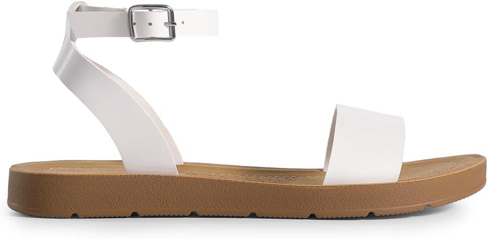 imageDREAM PAIRS Womens One Band Ankle Strap Buckle Flat SandalsWhitePu