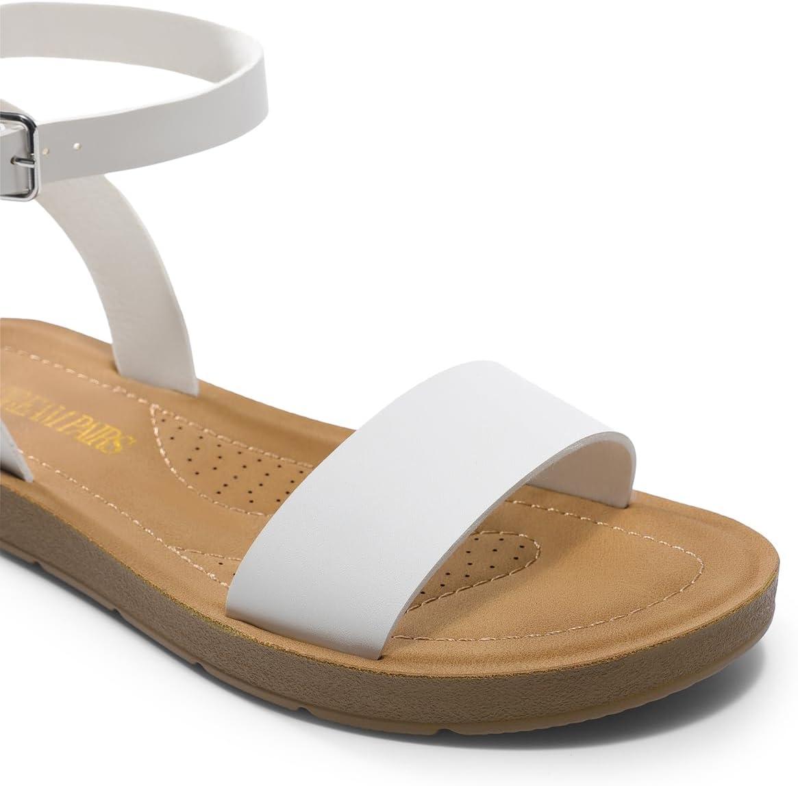 imageDREAM PAIRS Womens One Band Ankle Strap Buckle Flat SandalsWhitePu