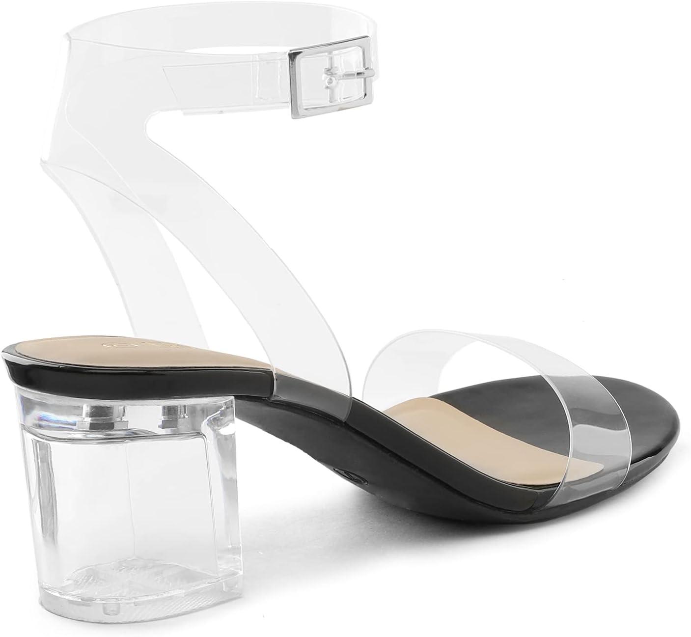imageDREAM PAIRS Womens Open Toe Ankle Strap Low Block Chunky Heels Sandals Party Dress Pumps ShoesBlackClear