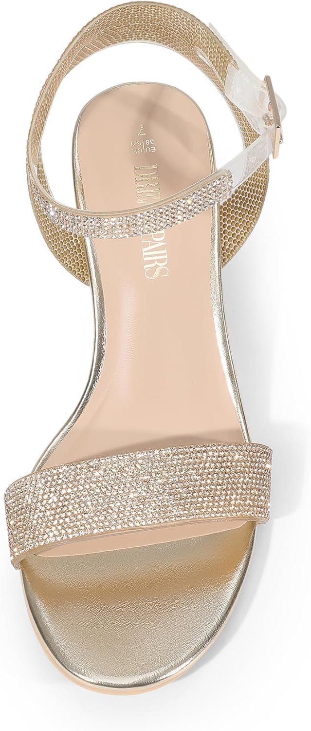 imageDREAM PAIRS Womens Open Toe Ankle Strap Low Block Chunky Heels Sandals Party Dress Pumps ShoesGoldClearrhinestone