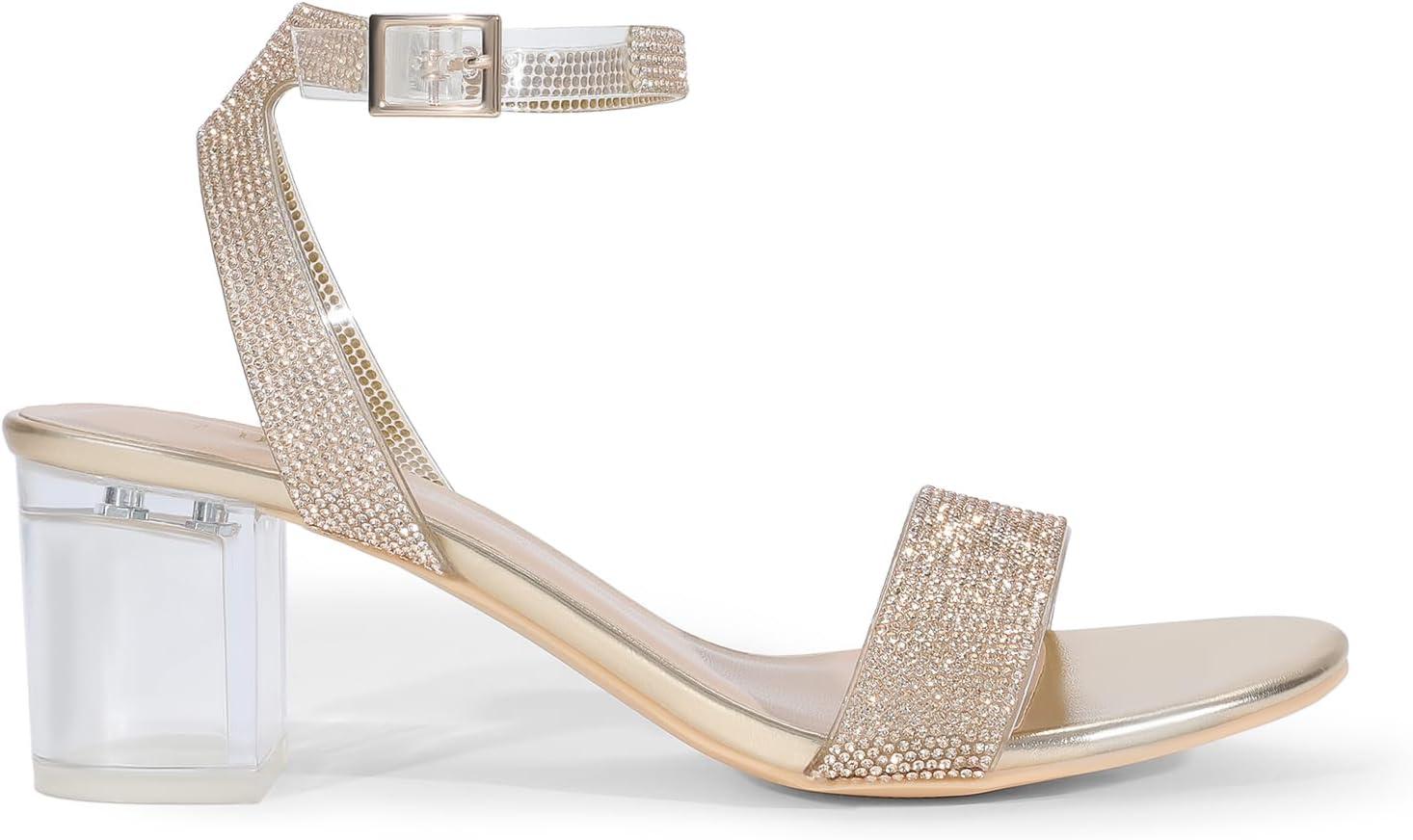 imageDREAM PAIRS Womens Open Toe Ankle Strap Low Block Chunky Heels Sandals Party Dress Pumps ShoesGoldClearrhinestone