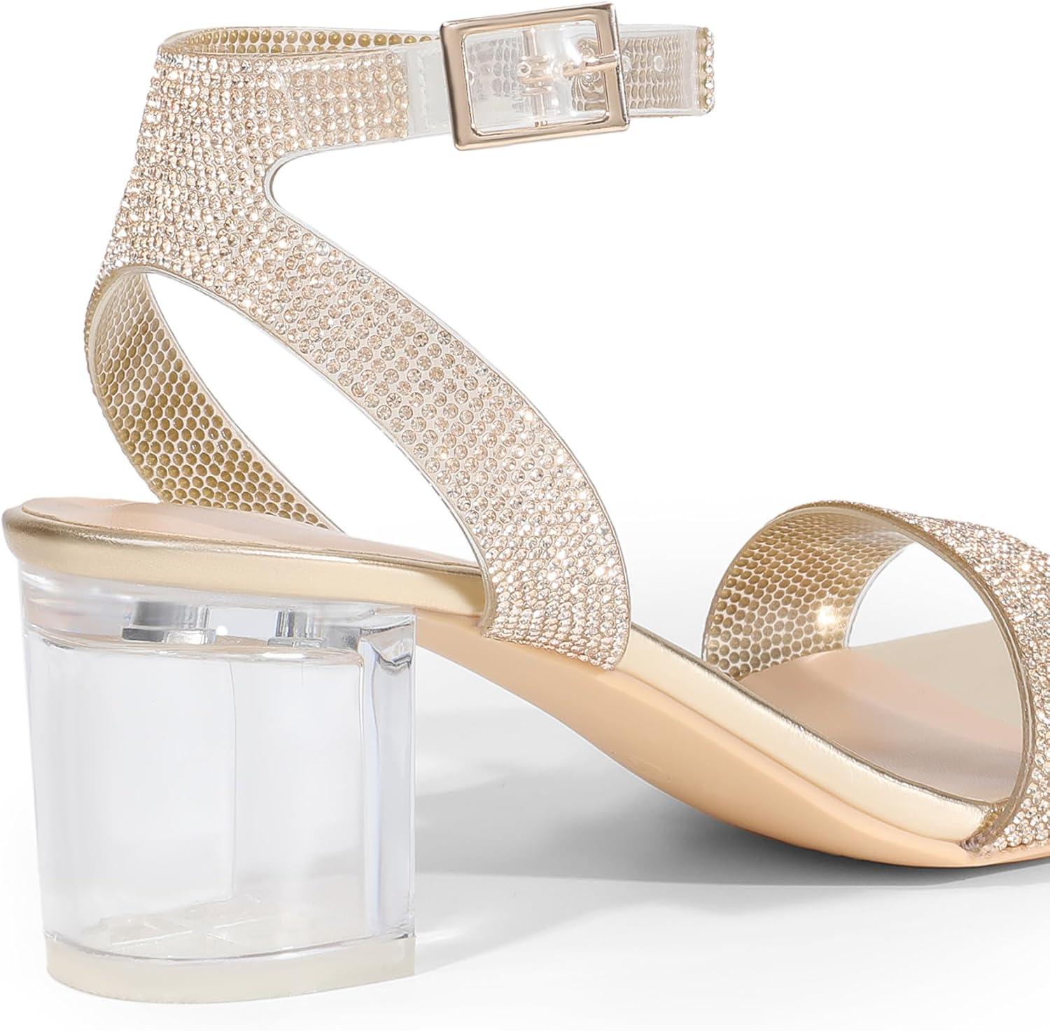 imageDREAM PAIRS Womens Open Toe Ankle Strap Low Block Chunky Heels Sandals Party Dress Pumps ShoesGoldClearrhinestone