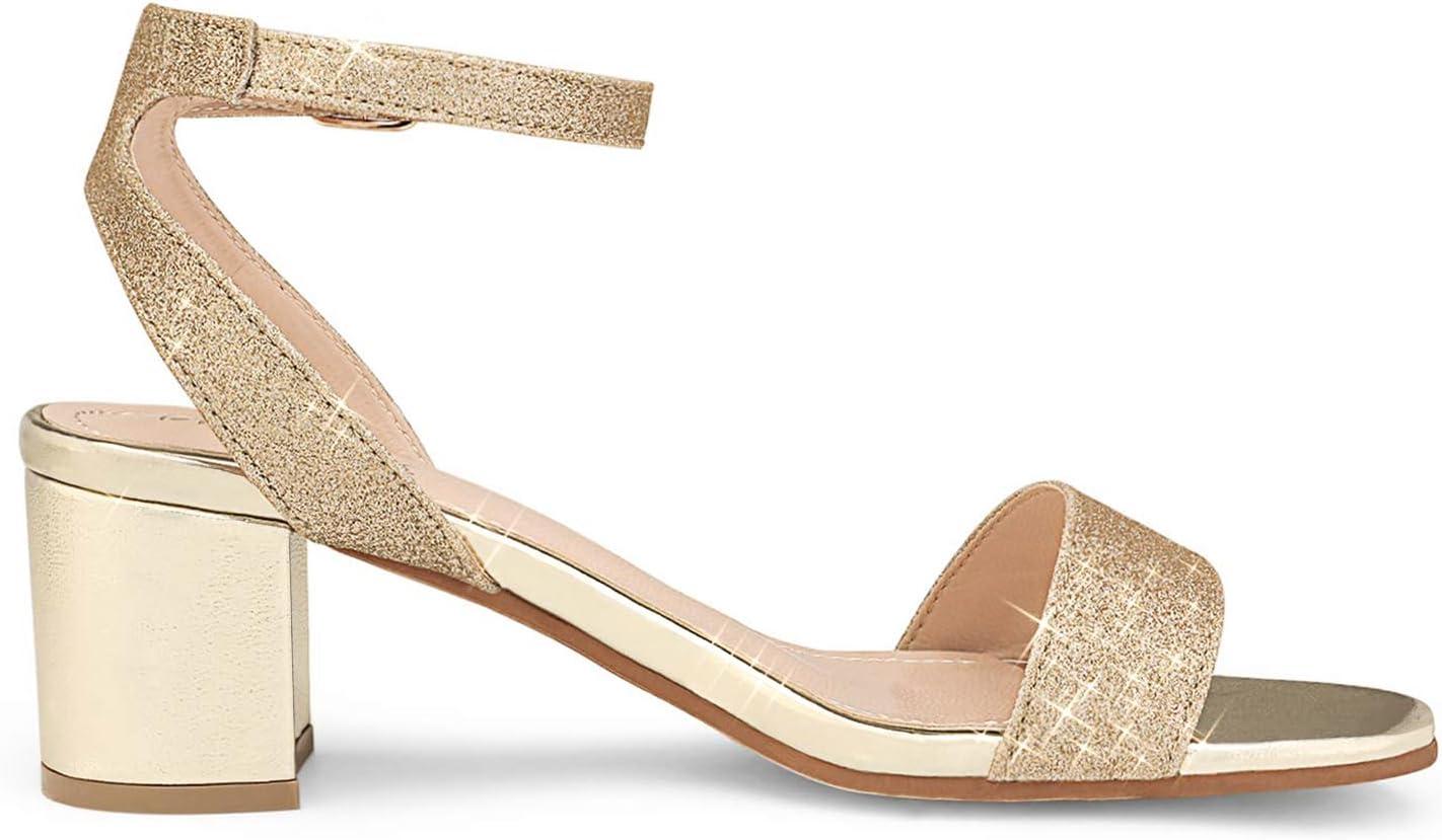 imageDREAM PAIRS Womens Open Toe Ankle Strap Low Block Chunky Heels Sandals Party Dress Pumps ShoesGoldGlitter