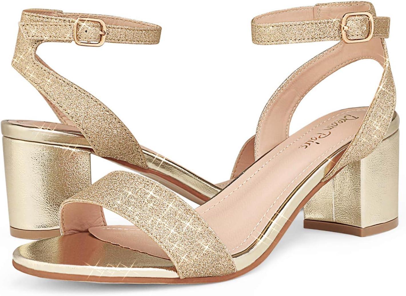 imageDREAM PAIRS Womens Open Toe Ankle Strap Low Block Chunky Heels Sandals Party Dress Pumps ShoesGoldGlitter