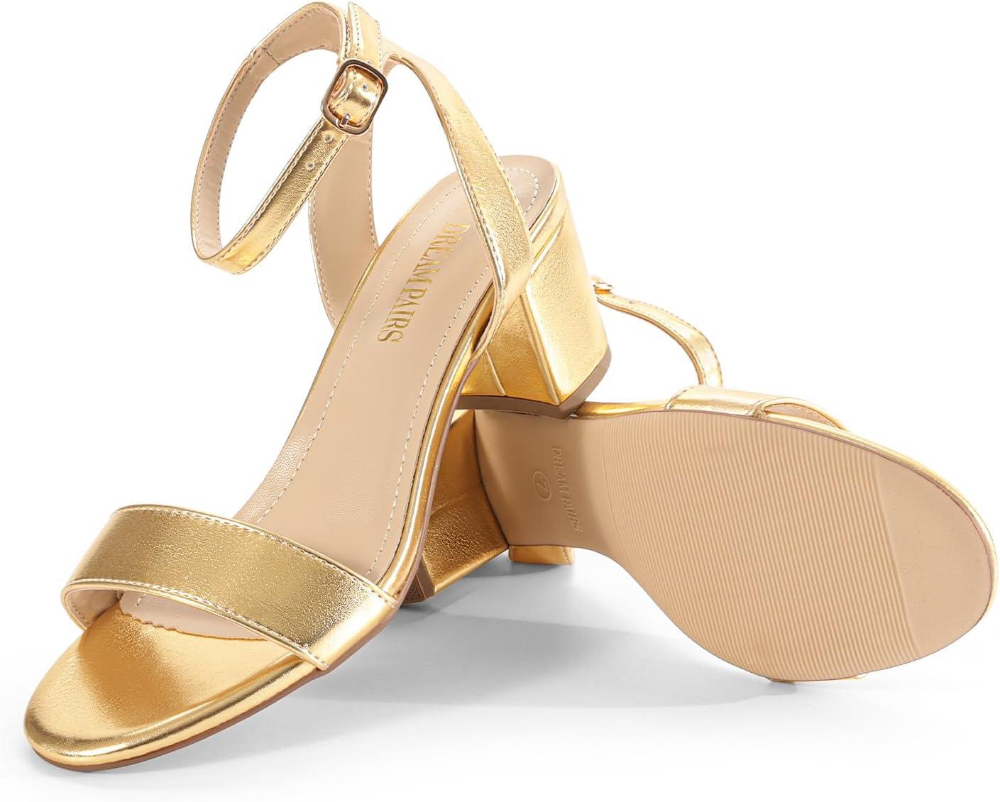 imageDREAM PAIRS Womens Open Toe Ankle Strap Low Block Chunky Heels Sandals Party Dress Pumps ShoesGoldMetallic