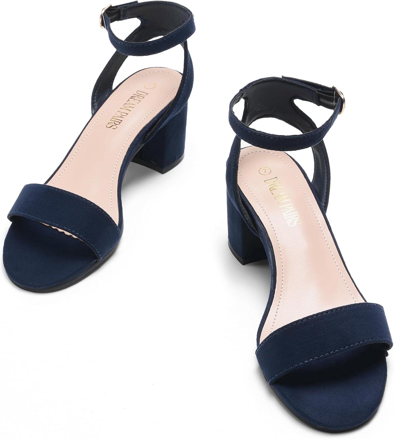 imageDREAM PAIRS Womens Open Toe Ankle Strap Low Block Chunky Heels Sandals Party Dress Pumps ShoesNavySuede
