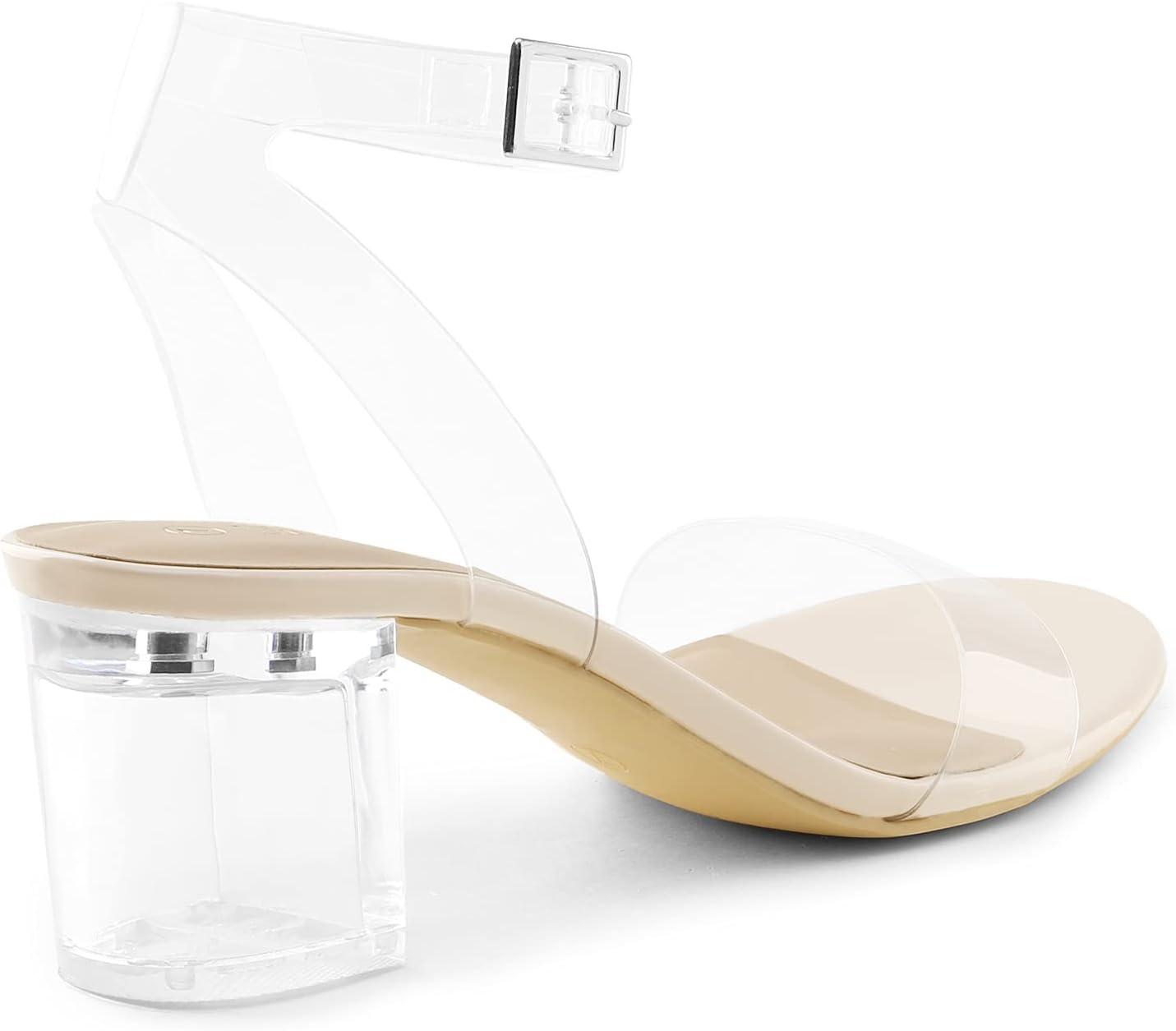 imageDREAM PAIRS Womens Open Toe Ankle Strap Low Block Chunky Heels Sandals Party Dress Pumps ShoesNudeClear