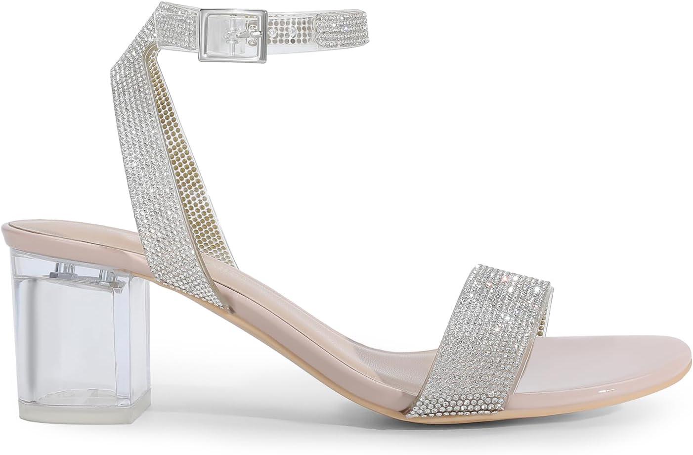 imageDREAM PAIRS Womens Open Toe Ankle Strap Low Block Chunky Heels Sandals Party Dress Pumps ShoesNudeClearrhinestone