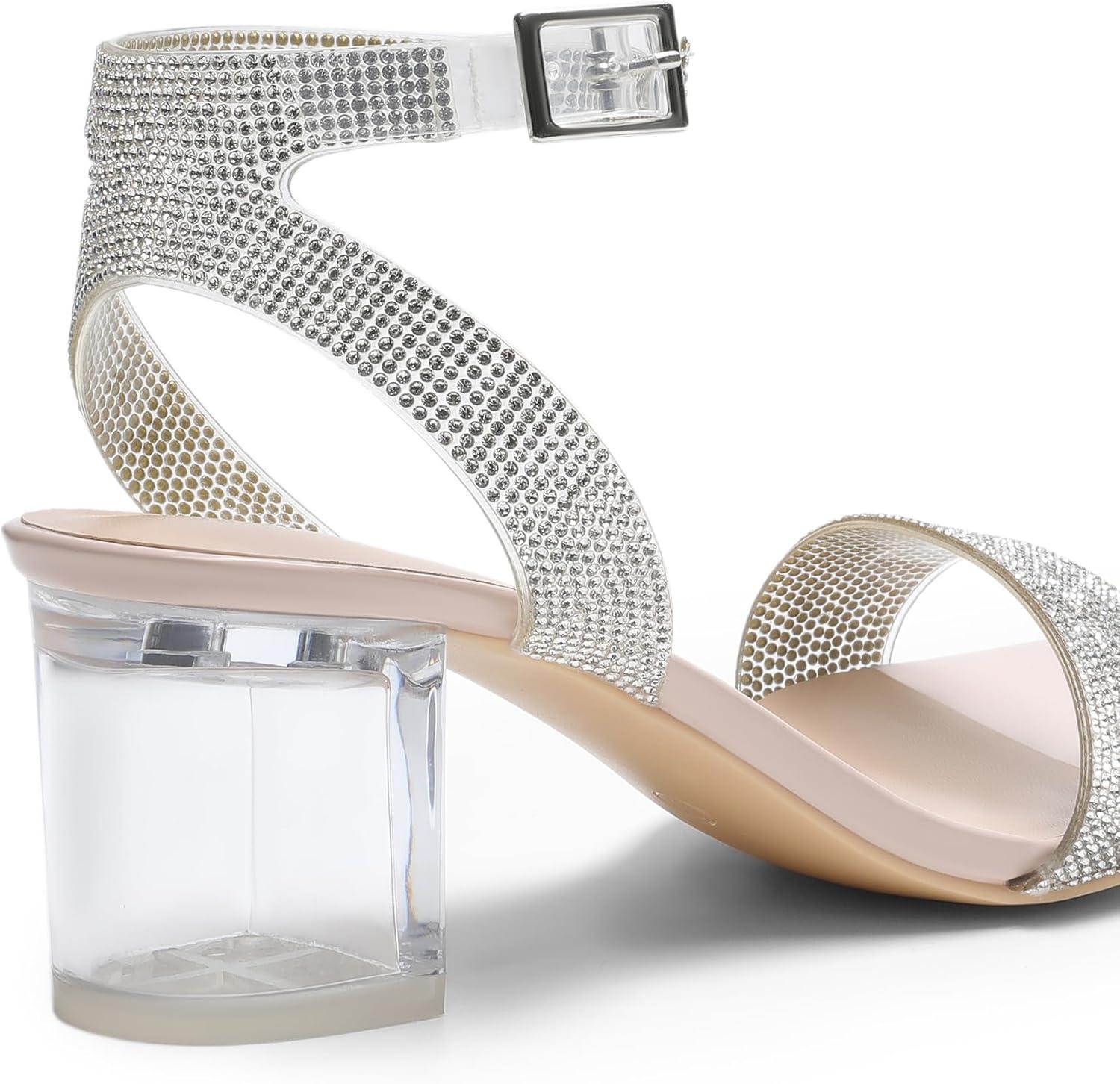 imageDREAM PAIRS Womens Open Toe Ankle Strap Low Block Chunky Heels Sandals Party Dress Pumps ShoesNudeClearrhinestone