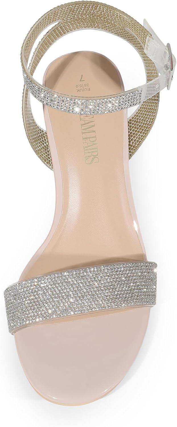 imageDREAM PAIRS Womens Open Toe Ankle Strap Low Block Chunky Heels Sandals Party Dress Pumps ShoesNudeClearrhinestone