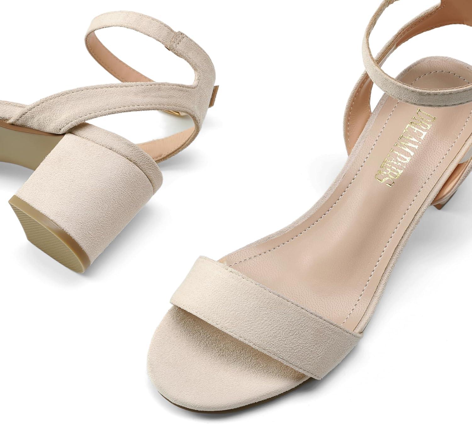 imageDREAM PAIRS Womens Open Toe Ankle Strap Low Block Chunky Heels Sandals Party Dress Pumps ShoesNudeSuede