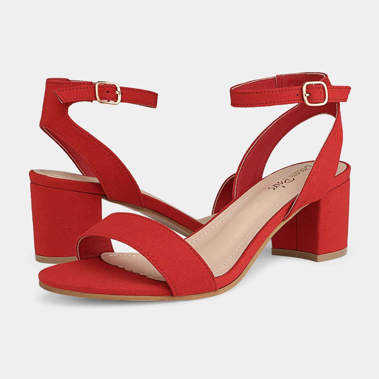 imageDREAM PAIRS Womens Open Toe Ankle Strap Low Block Chunky Heels Sandals Party Dress Pumps ShoesRedSuede