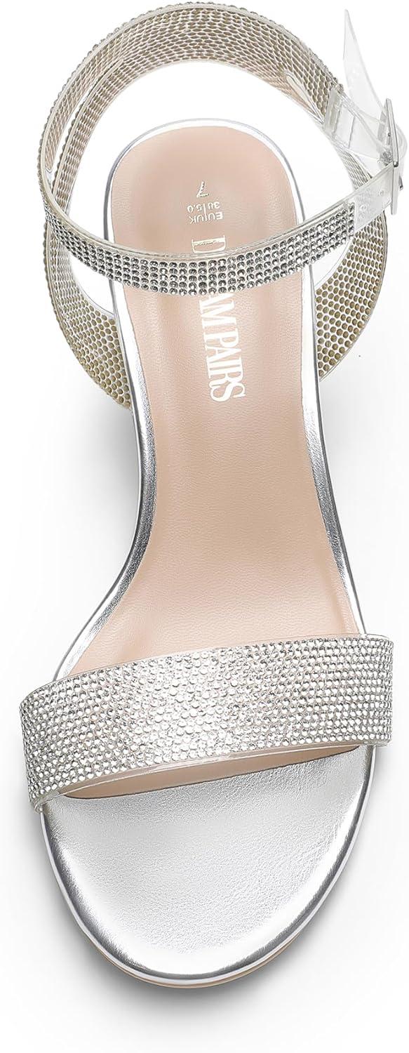imageDREAM PAIRS Womens Open Toe Ankle Strap Low Block Chunky Heels Sandals Party Dress Pumps ShoesSilverClearrhinestone