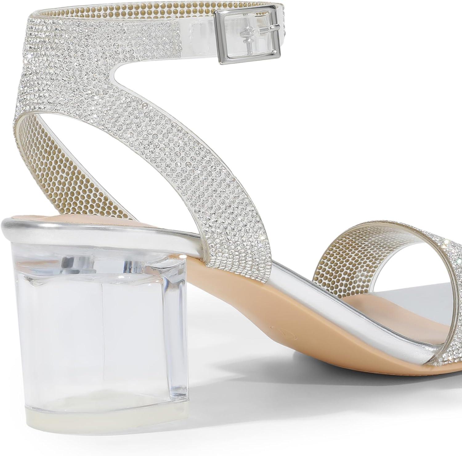 imageDREAM PAIRS Womens Open Toe Ankle Strap Low Block Chunky Heels Sandals Party Dress Pumps ShoesSilverClearrhinestone