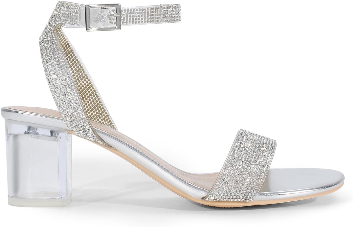 imageDREAM PAIRS Womens Open Toe Ankle Strap Low Block Chunky Heels Sandals Party Dress Pumps ShoesSilverClearrhinestone