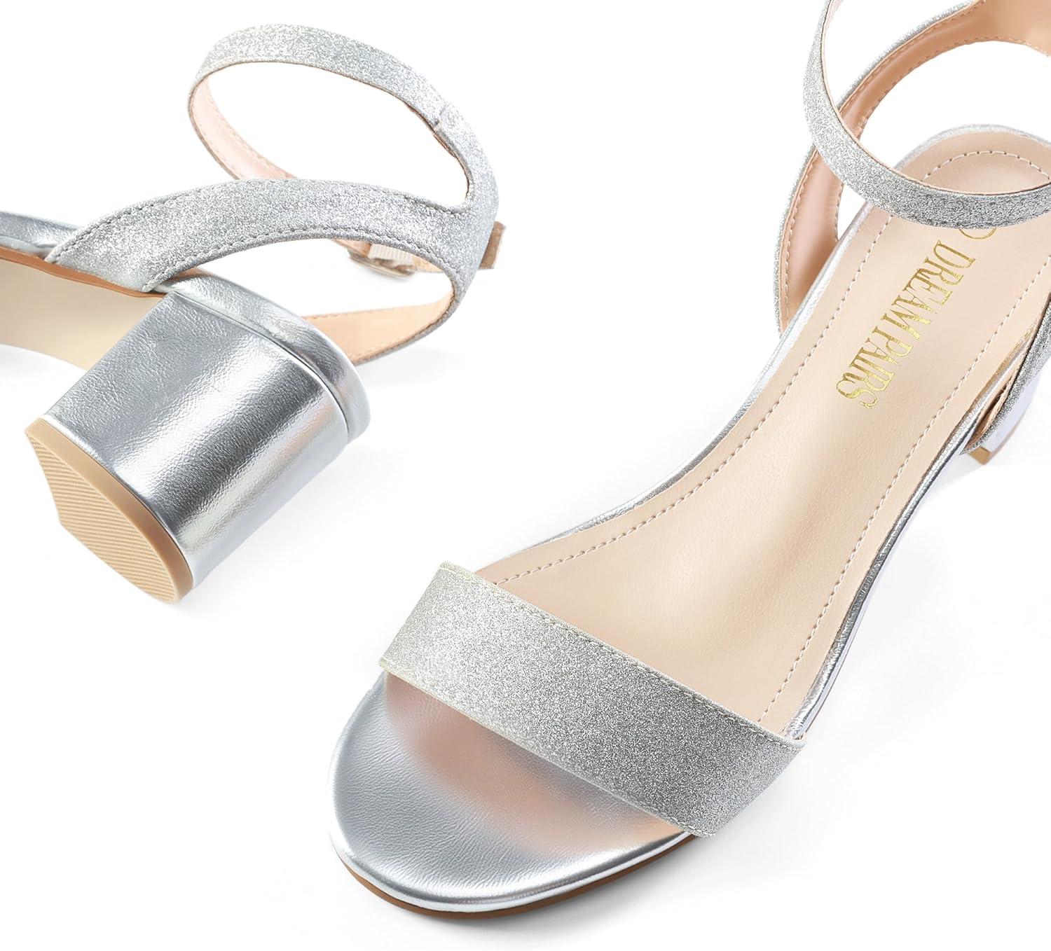 imageDREAM PAIRS Womens Open Toe Ankle Strap Low Block Chunky Heels Sandals Party Dress Pumps ShoesSilverGlitter