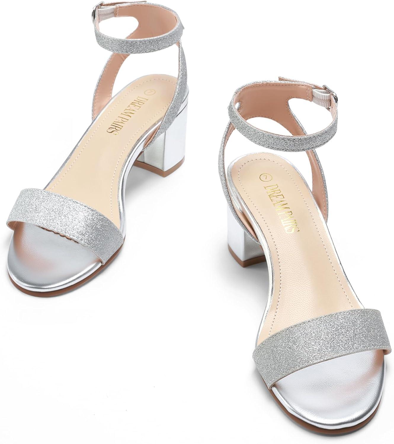 imageDREAM PAIRS Womens Open Toe Ankle Strap Low Block Chunky Heels Sandals Party Dress Pumps ShoesSilverGlitter