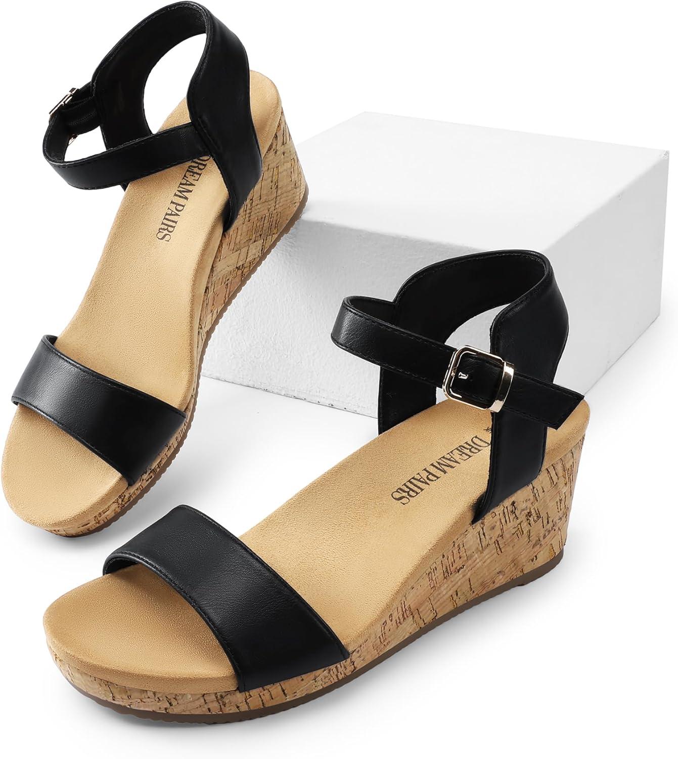 imageDREAM PAIRS Womens Open Toe Buckle Ankle Strap Platform Wedge Sandals Women 2025BlackPu