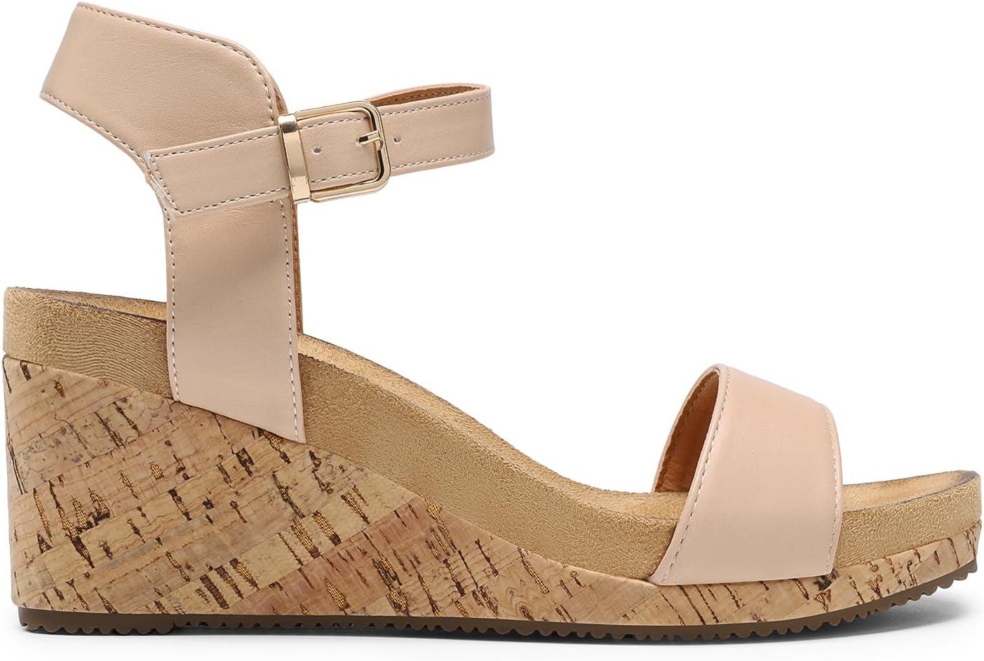 imageDREAM PAIRS Womens Open Toe Buckle Ankle Strap Platform Wedge Sandals Women 2025NudePu