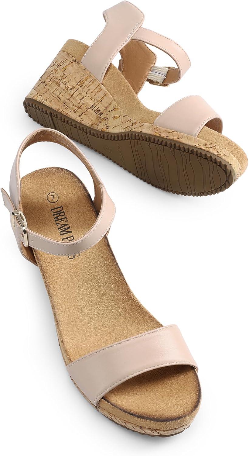 imageDREAM PAIRS Womens Open Toe Buckle Ankle Strap Platform Wedge Sandals Women 2025NudePu