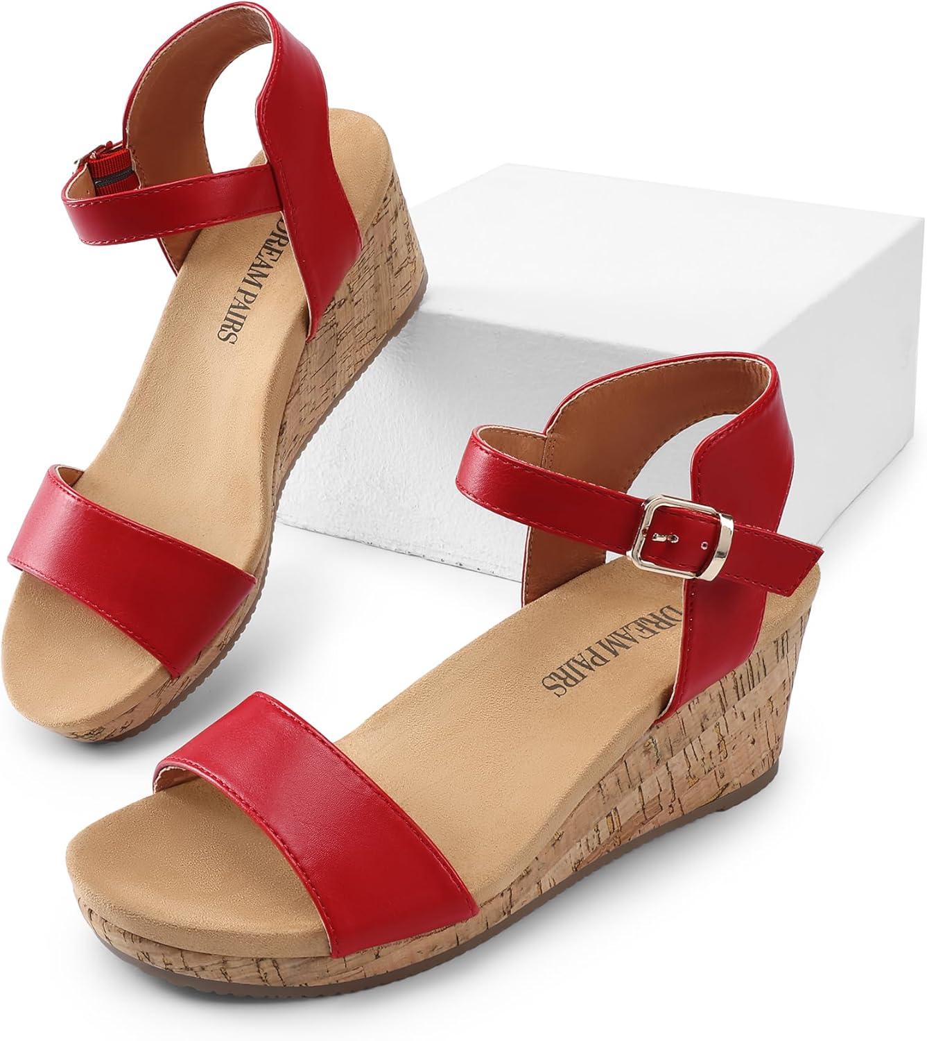 imageDREAM PAIRS Womens Open Toe Buckle Ankle Strap Platform Wedge Sandals Women 2025RedPu