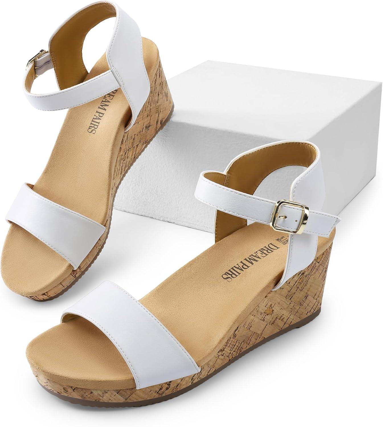imageDREAM PAIRS Womens Open Toe Buckle Ankle Strap Platform Wedge Sandals Women 2025WhitePu