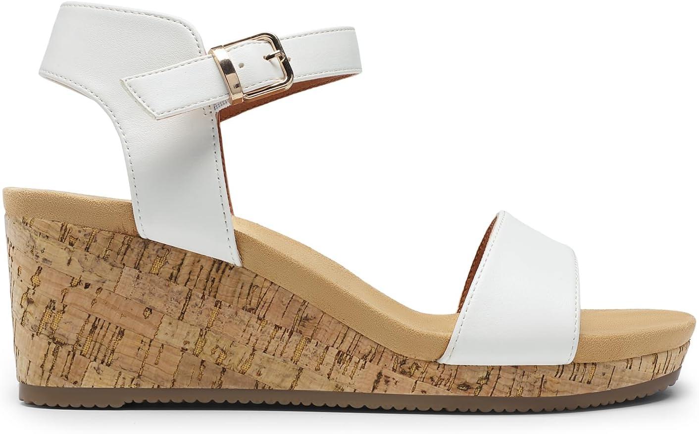 imageDREAM PAIRS Womens Open Toe Buckle Ankle Strap Platform Wedge Sandals Women 2025WhitePu